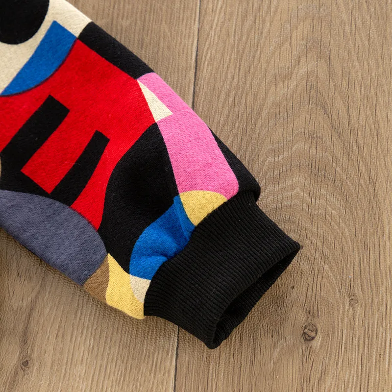 2-piece Toddler Girl/Boy Letter Print Colorblock Pullover and Elasticized Pocket Black Pants Set