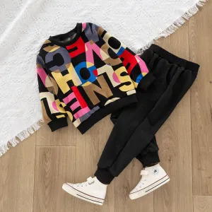 2-piece Toddler Girl/Boy Letter Print Colorblock Pullover and Elasticized Pocket Black Pants Set