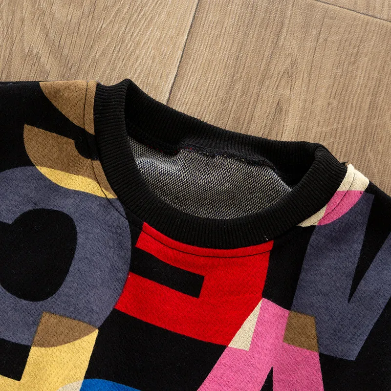 2-piece Toddler Girl/Boy Letter Print Colorblock Pullover and Elasticized Pocket Black Pants Set