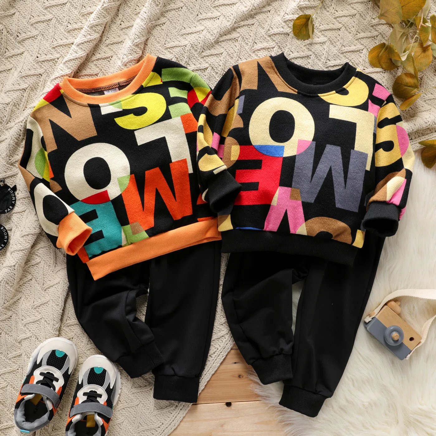 2-piece Toddler Girl/Boy Letter Print Colorblock Pullover and Elasticized Pocket Black Pants Set