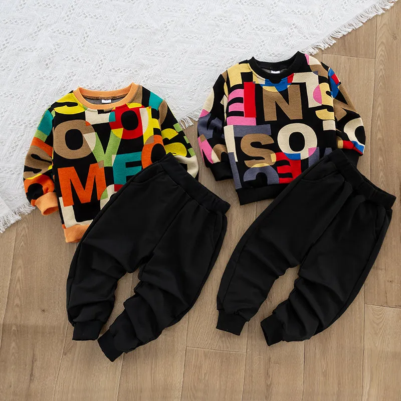 2-piece Toddler Girl/Boy Letter Print Colorblock Pullover and Elasticized Pocket Black Pants Set