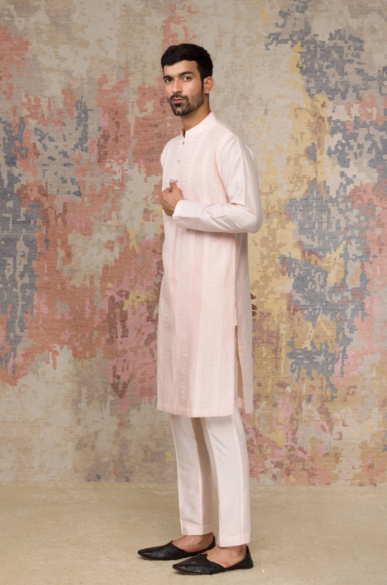 Blush Kurta Pintuck In Cotton Silk Blend Set