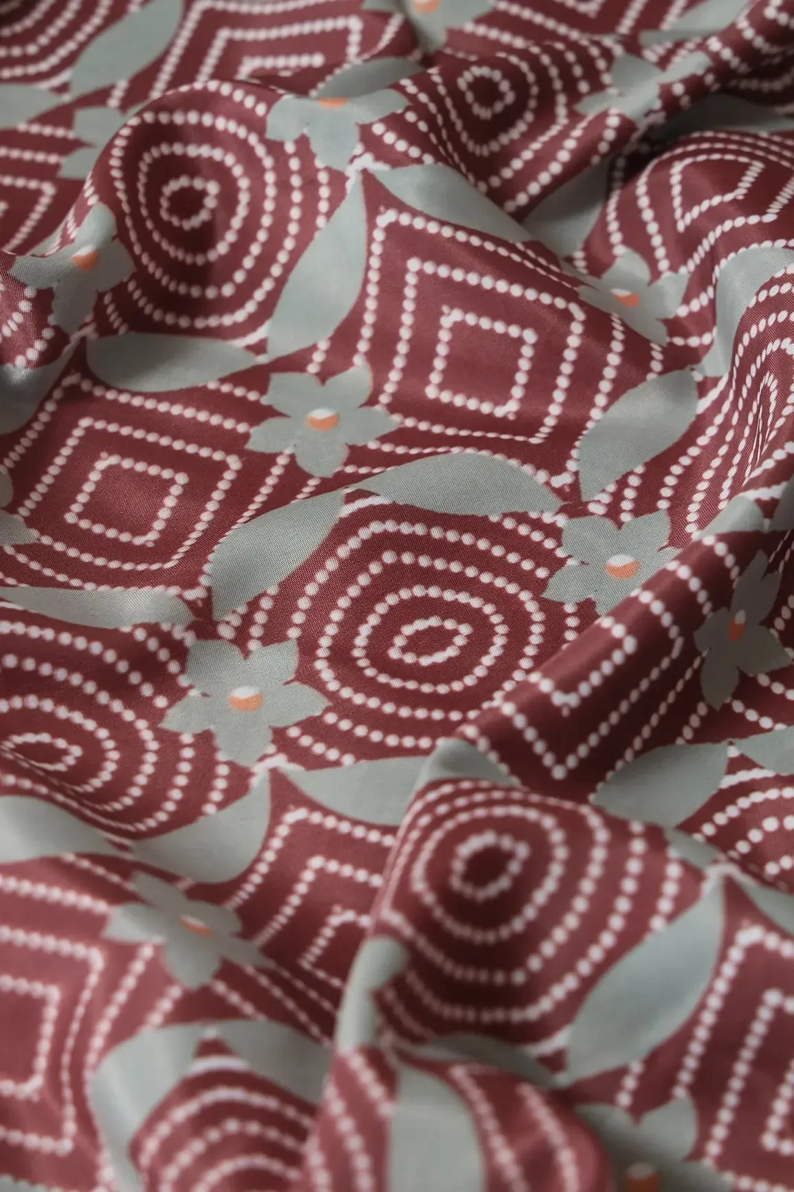 Brown And Olive Geometric Pattern Digital Print On French Crepe Fabric