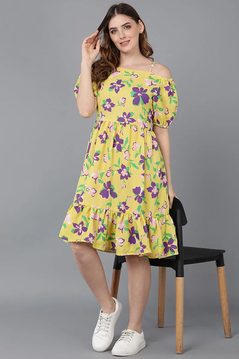 Crayon Yellow Georgette Floral Printed Slim Dress