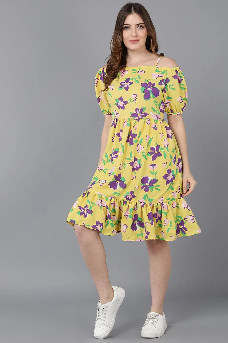 Crayon Yellow Georgette Floral Printed Slim Dress
