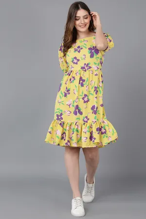 Crayon Yellow Georgette Floral Printed Slim Dress