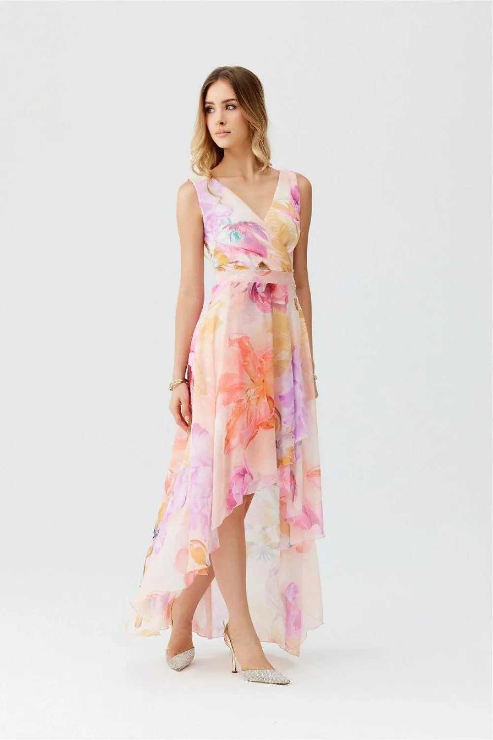 Elegant Floral Chiffon Maxi Dress with Unique Envelope Neckline