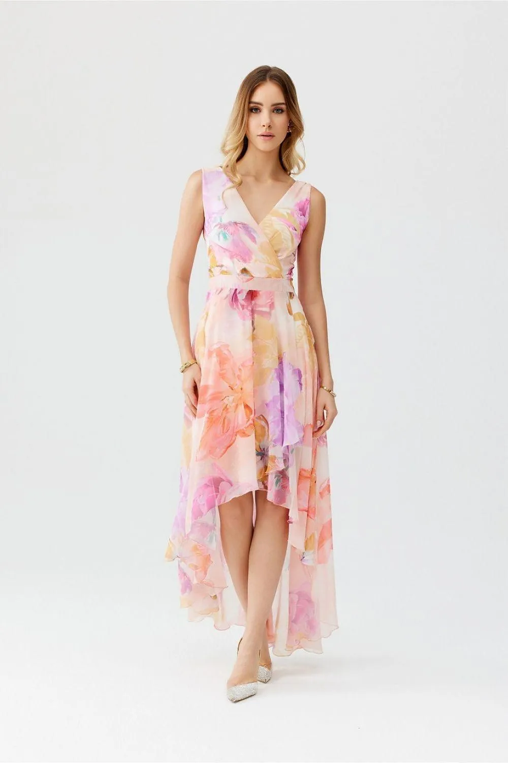 Elegant Floral Chiffon Maxi Dress with Unique Envelope Neckline