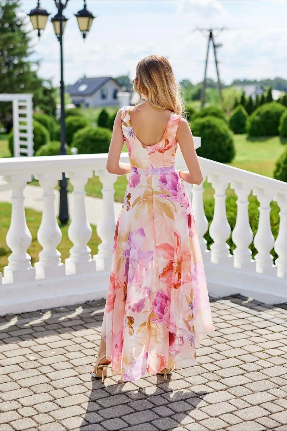 Elegant Floral Chiffon Maxi Dress with Unique Envelope Neckline