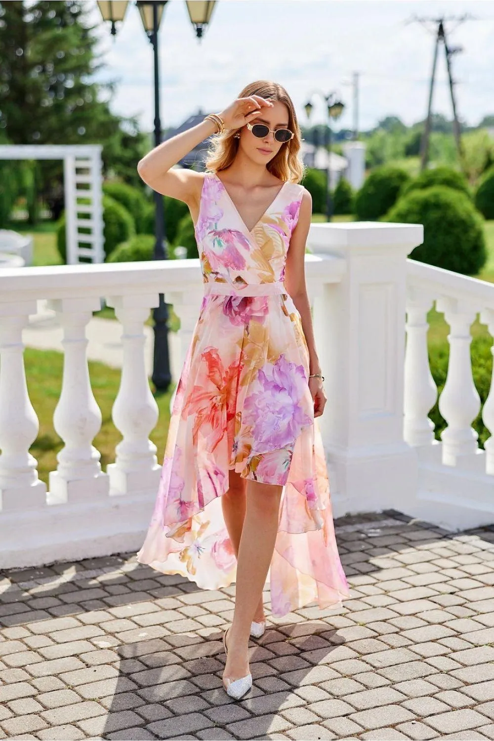 Elegant Floral Chiffon Maxi Dress with Unique Envelope Neckline