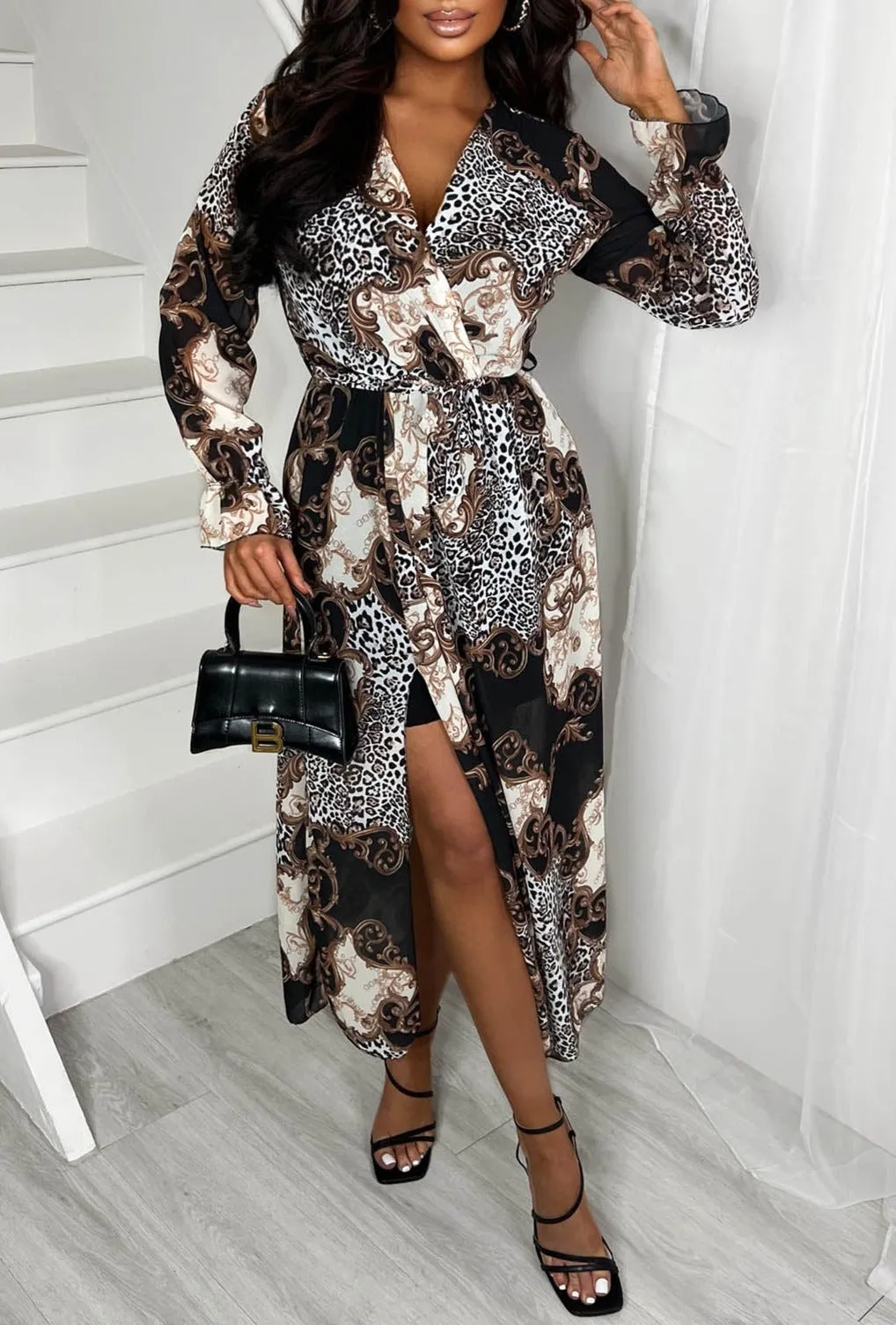 Feline Chic Black Animal Baroque Printed Leg Split Chiffon Midi Dress