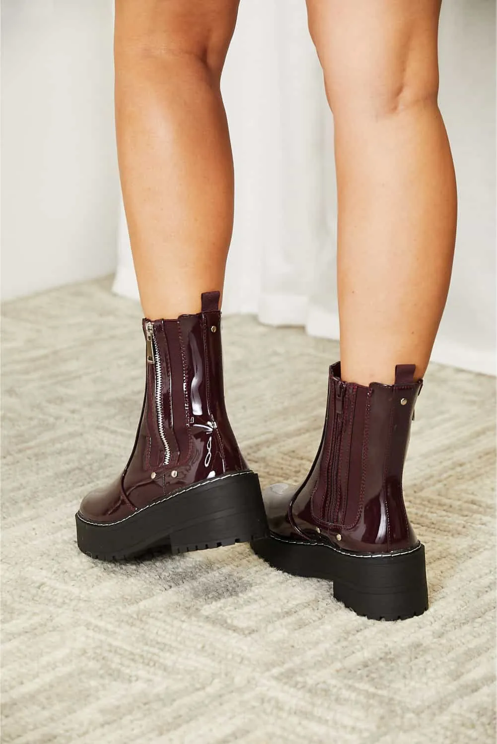 Forever Link Wine Side Zip Vegan Patented Leather Platform Boots