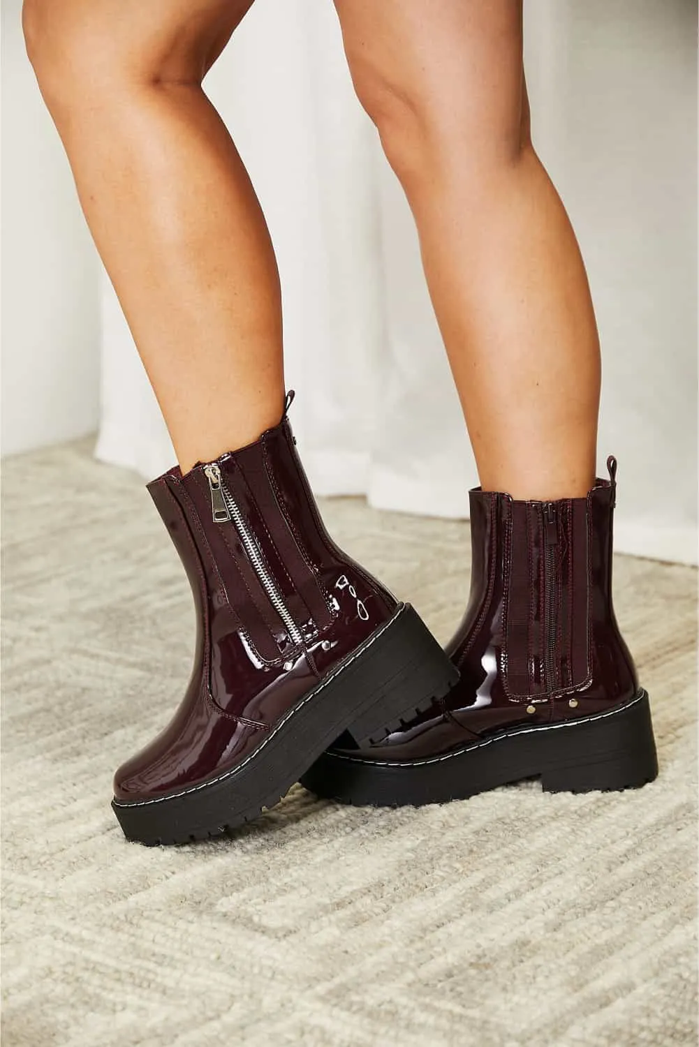 Forever Link Wine Side Zip Vegan Patented Leather Platform Boots