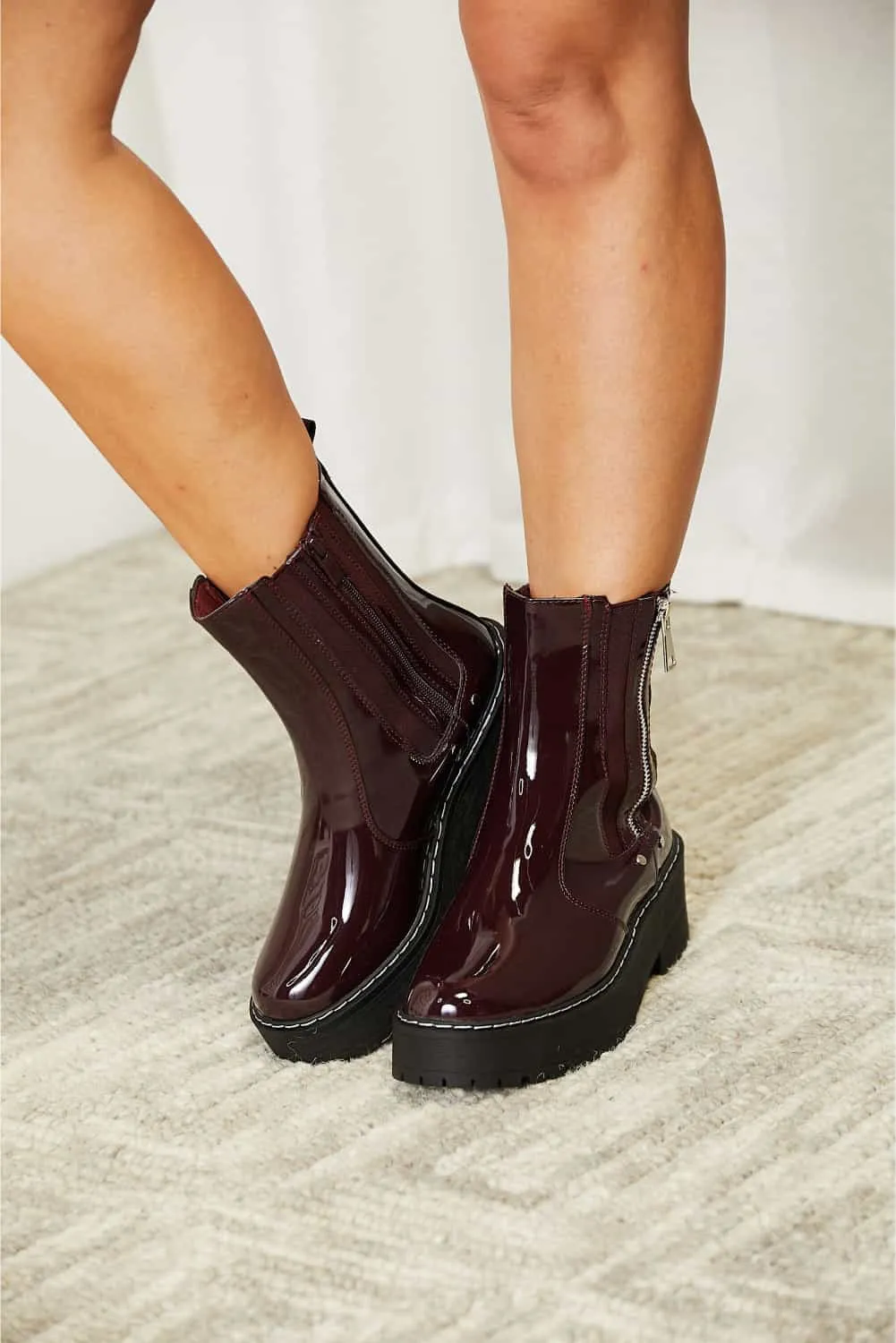 Forever Link Wine Side Zip Vegan Patented Leather Platform Boots