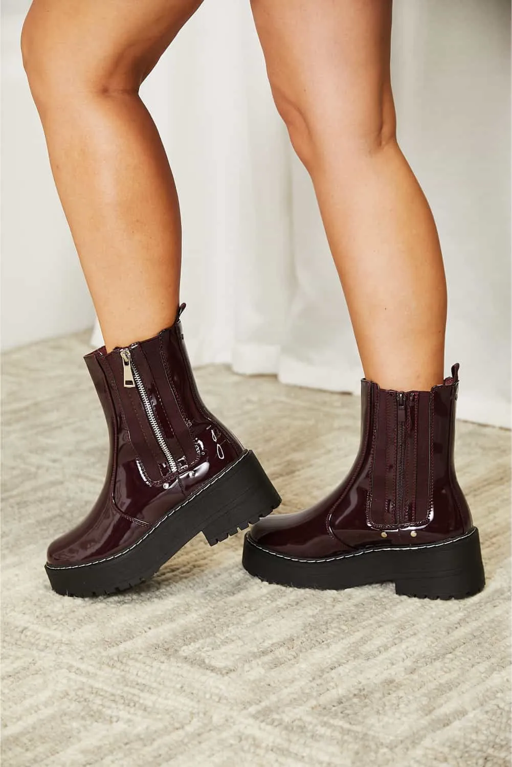 Forever Link Wine Side Zip Vegan Patented Leather Platform Boots