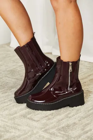 Forever Link Wine Side Zip Vegan Patented Leather Platform Boots