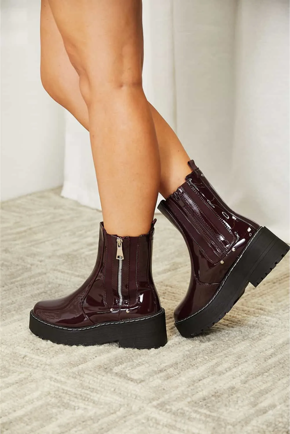 Forever Link Wine Side Zip Vegan Patented Leather Platform Boots