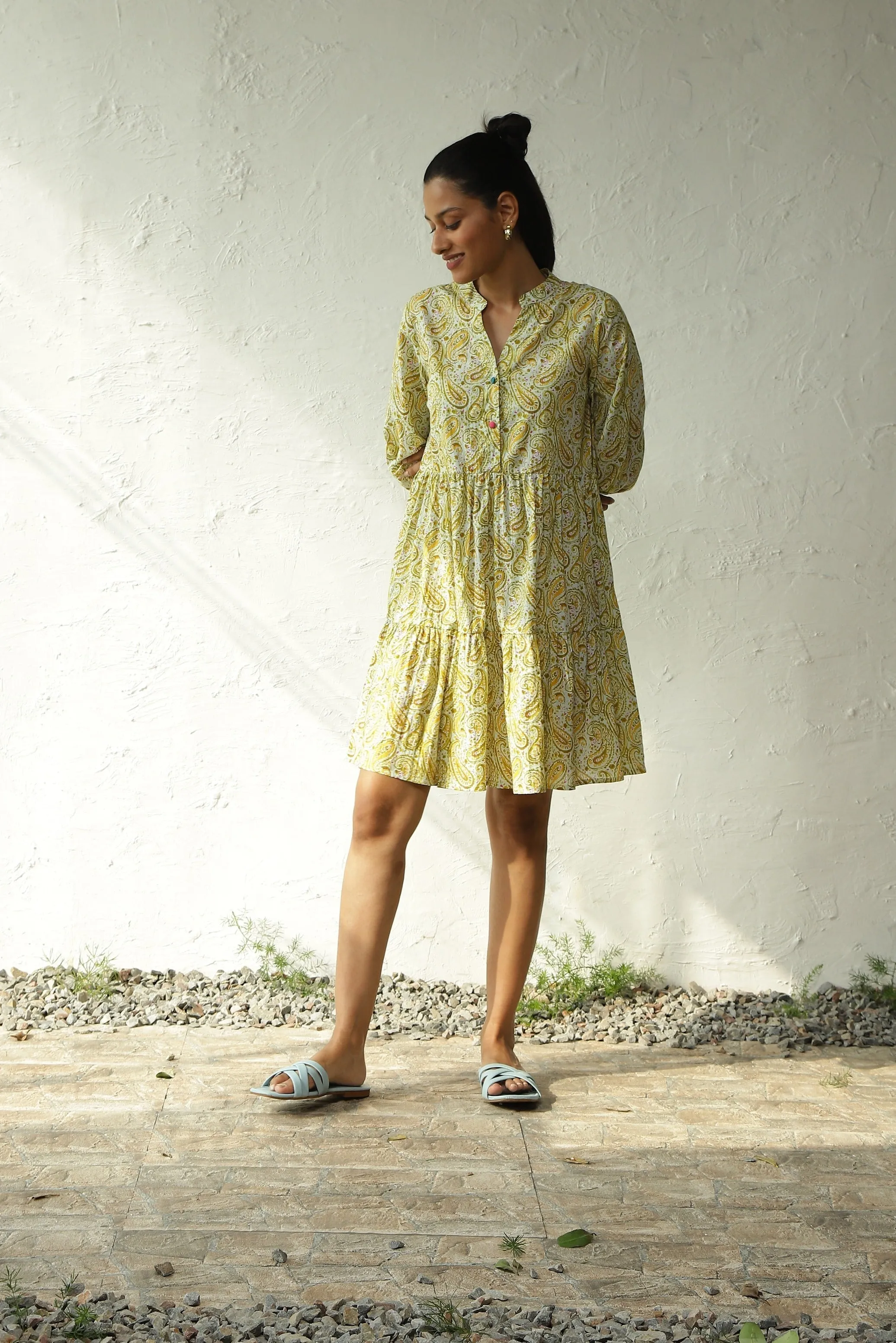 Green Cotton Tiered Midi Dress