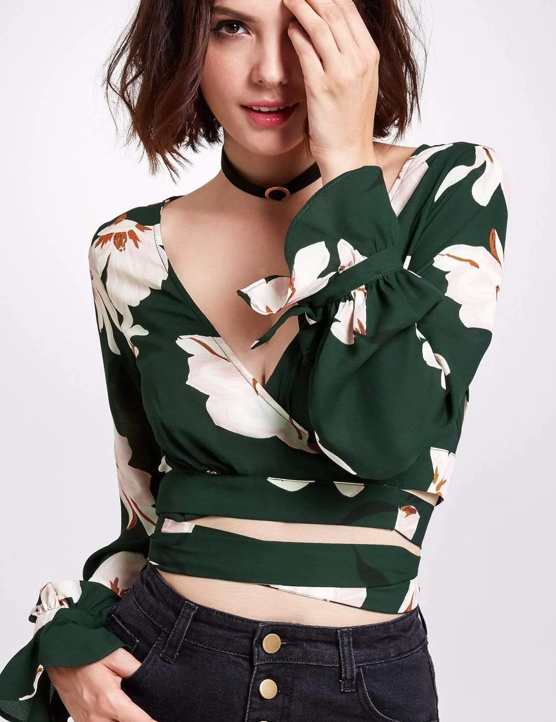 Long Sleeve Floral Print Wrap Blouse