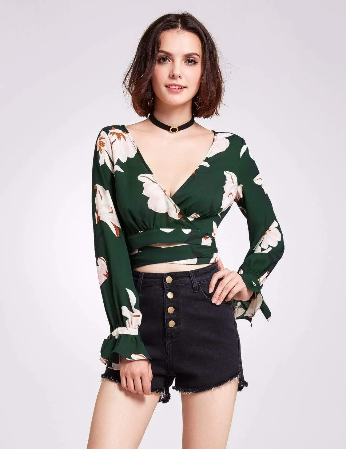 Long Sleeve Floral Print Wrap Blouse