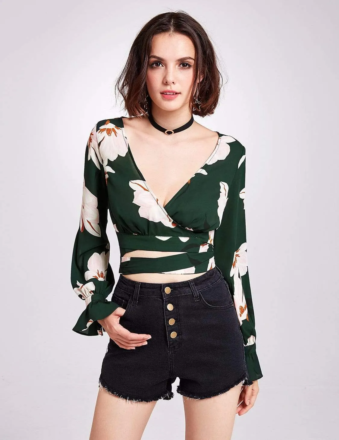 Long Sleeve Floral Print Wrap Blouse