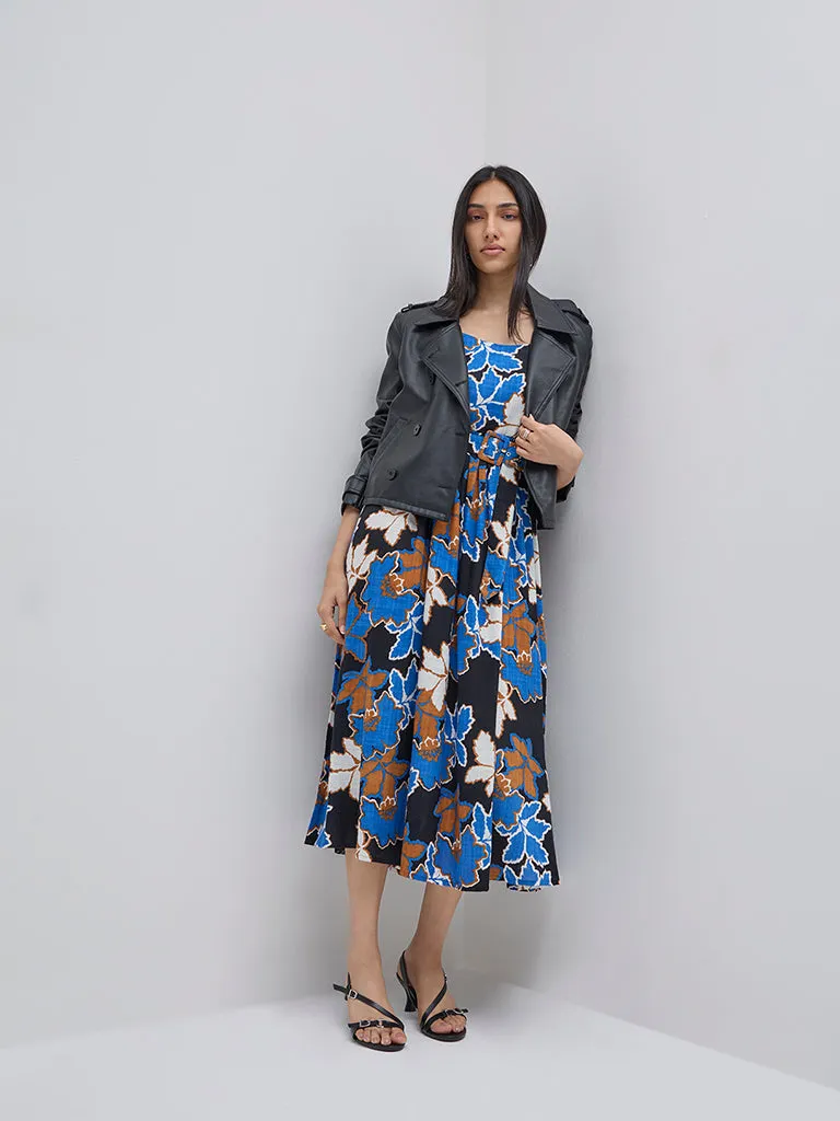 LOV Multicolour Floral Print Cotton A-Line Dress with Belt