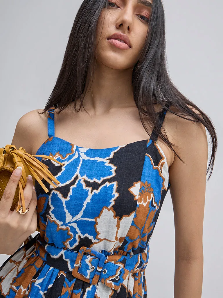 LOV Multicolour Floral Print Cotton A-Line Dress with Belt