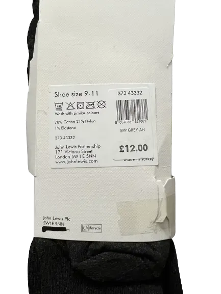 Plain Grey Cotton Socks 5-Pack (Size 9-11)