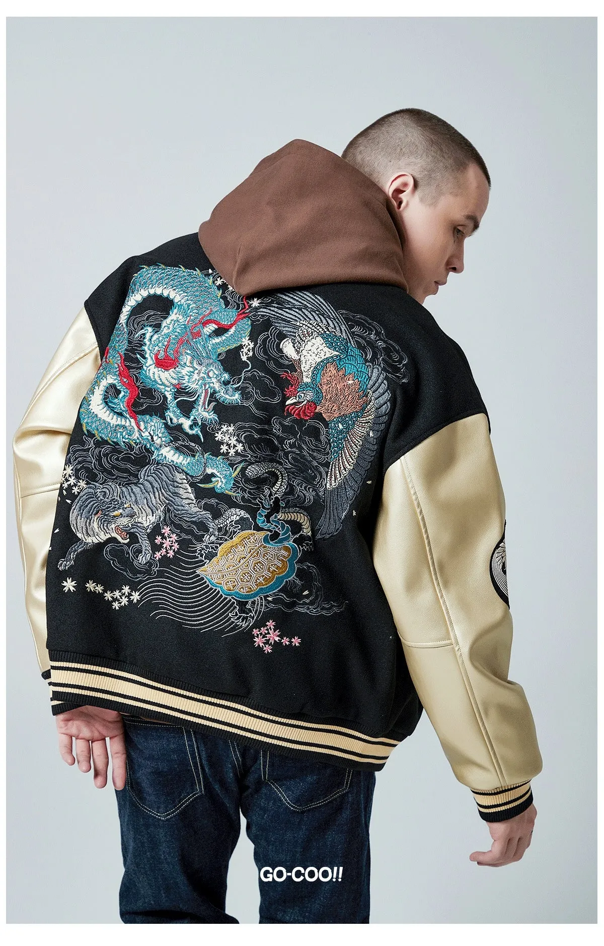 Premium dragon tattoo embroidery baseball jacket