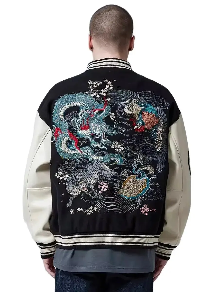 Premium dragon tattoo embroidery baseball jacket