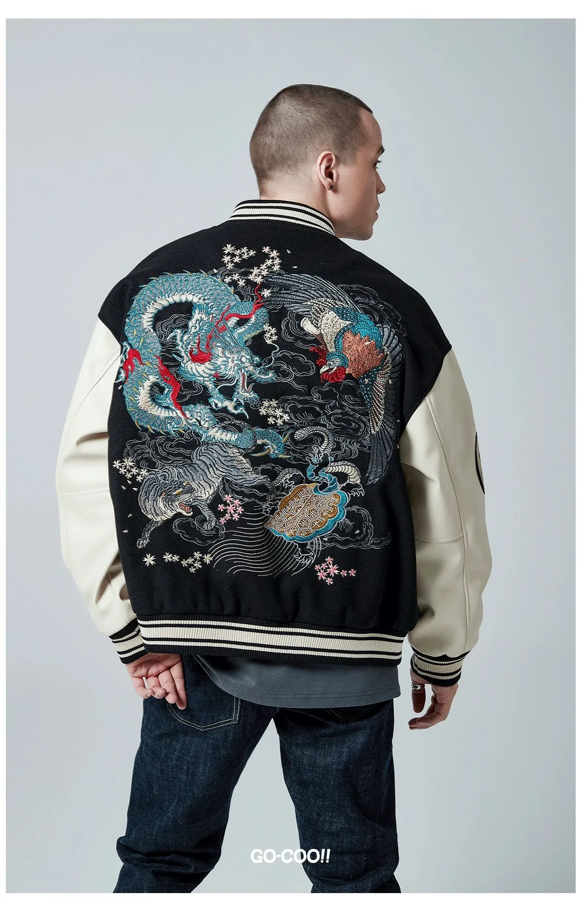Premium dragon tattoo embroidery baseball jacket