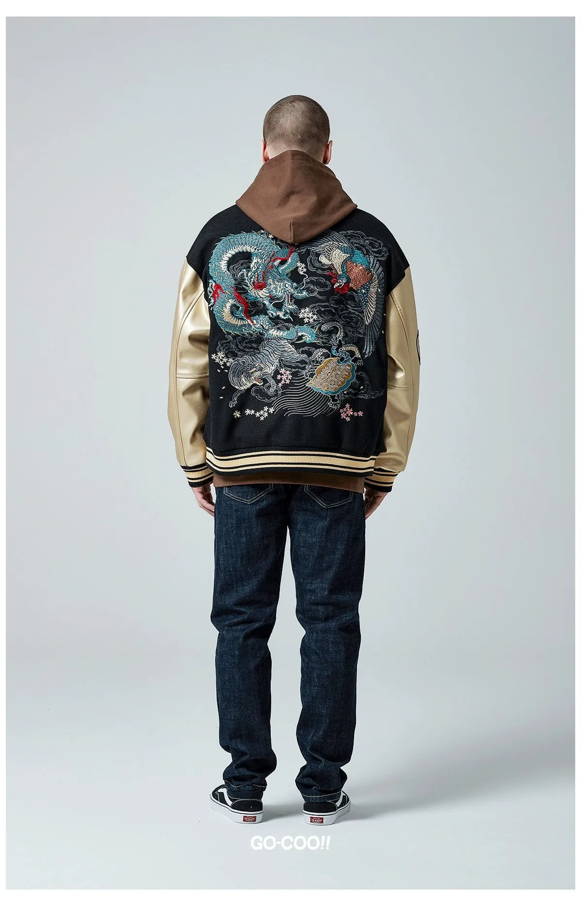 Premium dragon tattoo embroidery baseball jacket