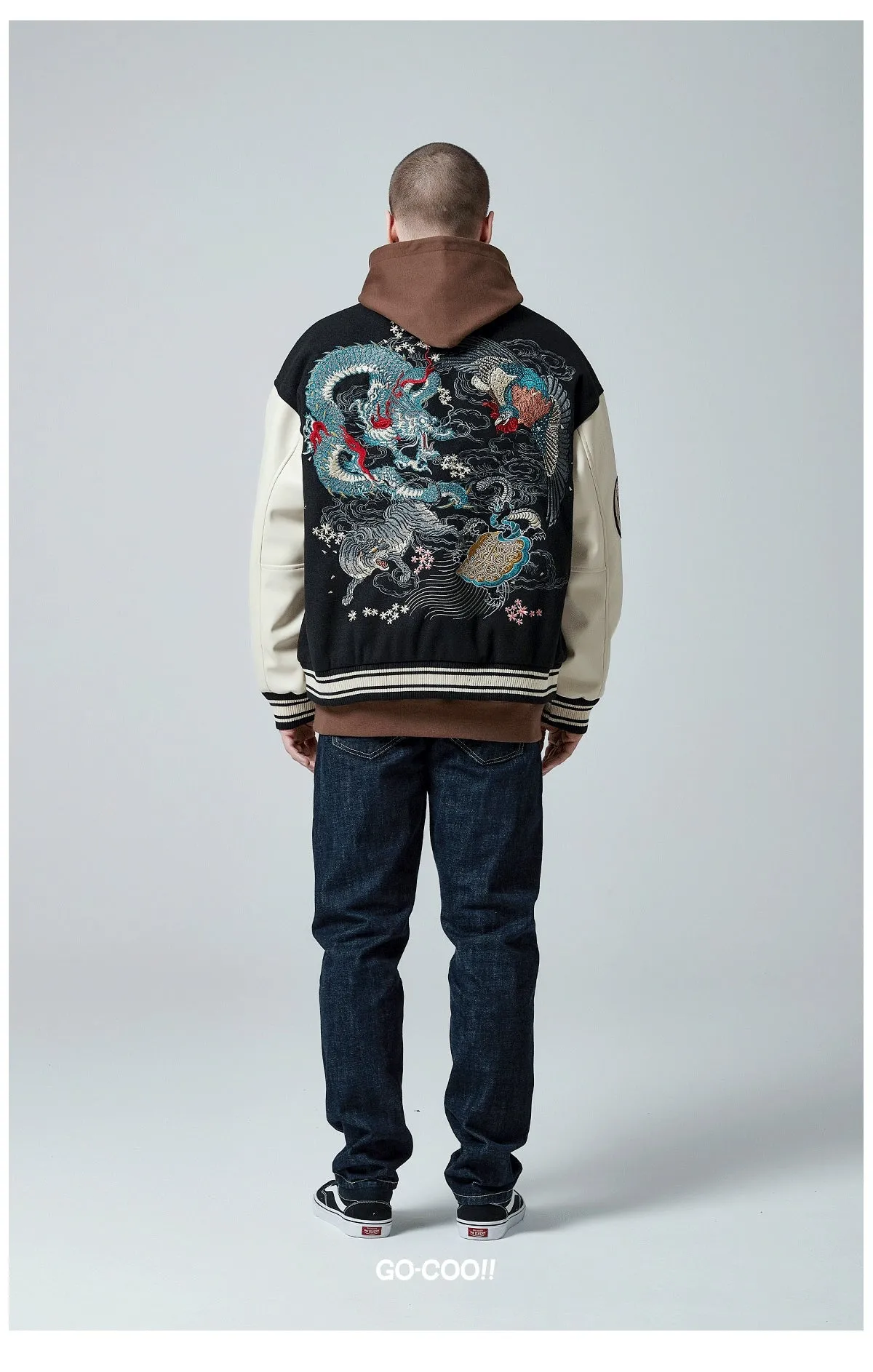 Premium dragon tattoo embroidery baseball jacket