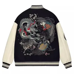 Premium dragon tattoo embroidery baseball jacket