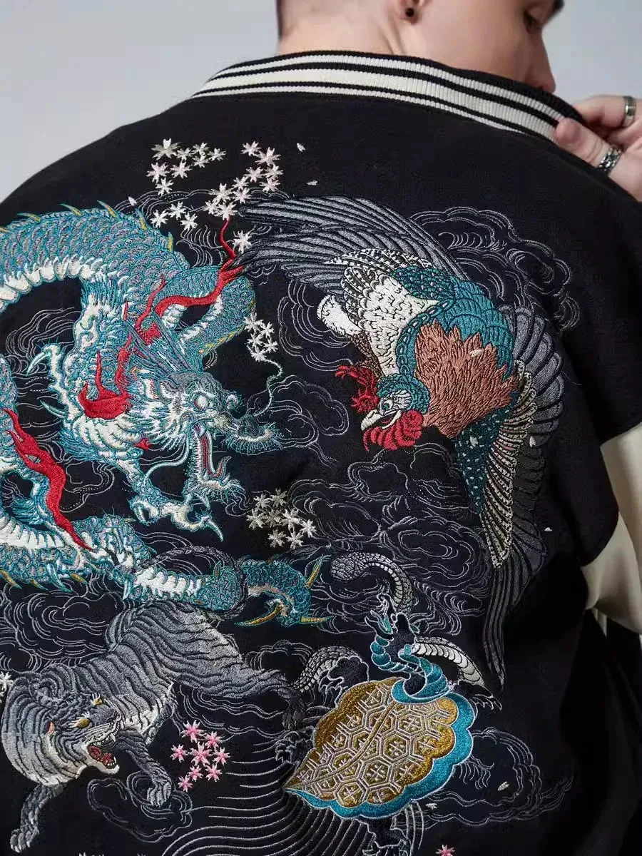 Premium dragon tattoo embroidery baseball jacket
