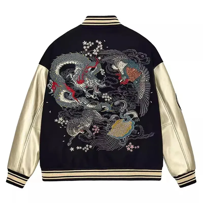 Premium dragon tattoo embroidery baseball jacket