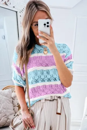 Purple Stripe Color Block Hollow Out Crochet Half Sleeve Sweater