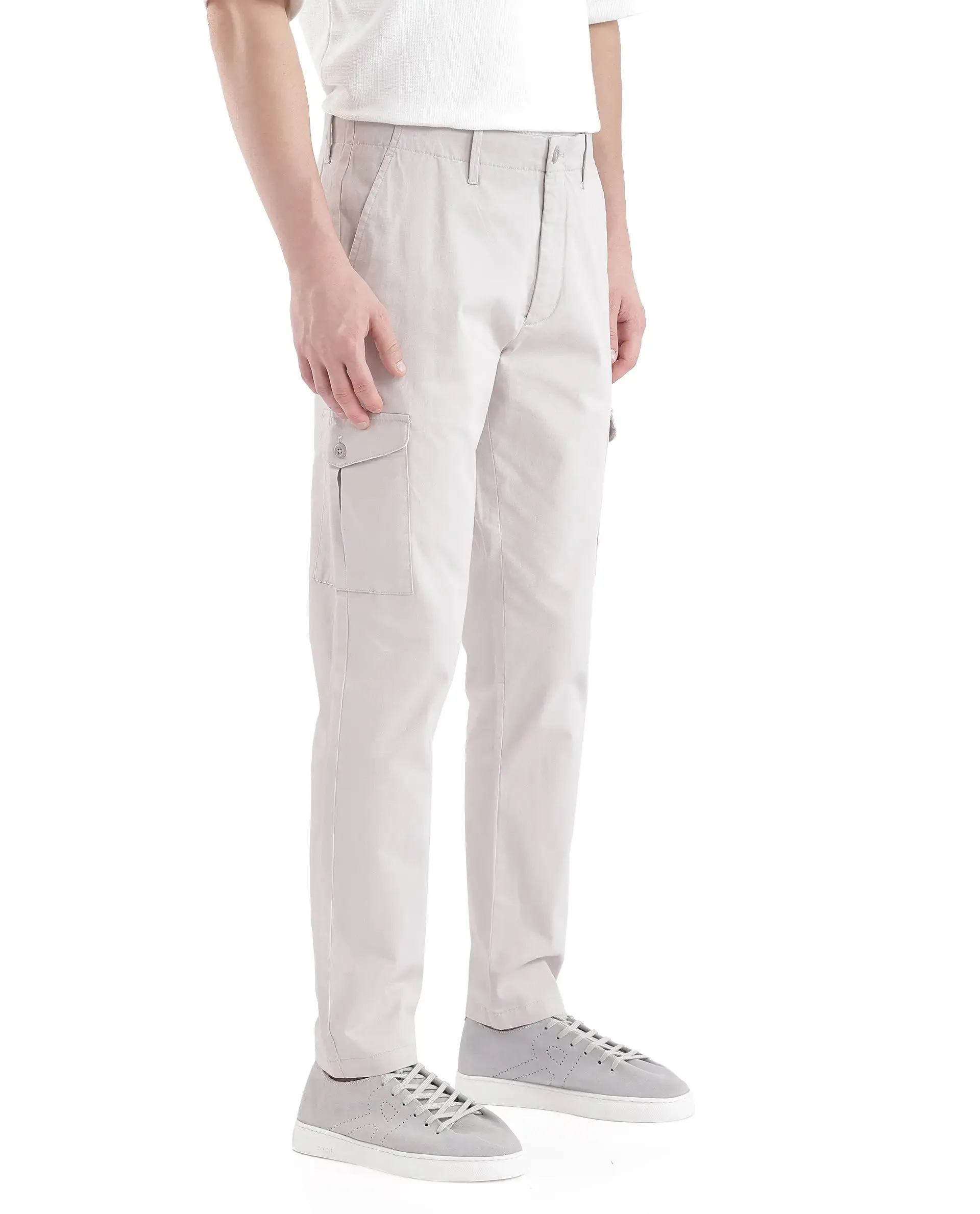 Rare Rabbit Men Zipe Light Grey Dobby Stretch Regular Fit Cargo Style Plain Trouser