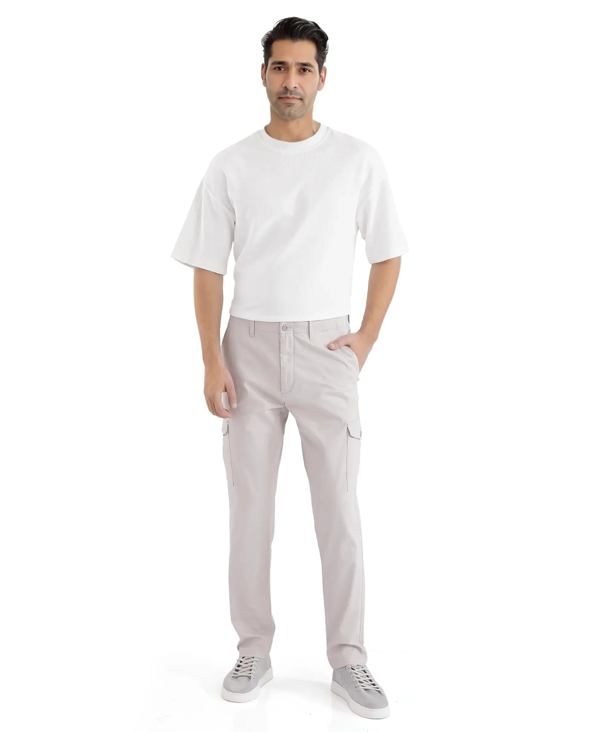 Rare Rabbit Men Zipe Light Grey Dobby Stretch Regular Fit Cargo Style Plain Trouser