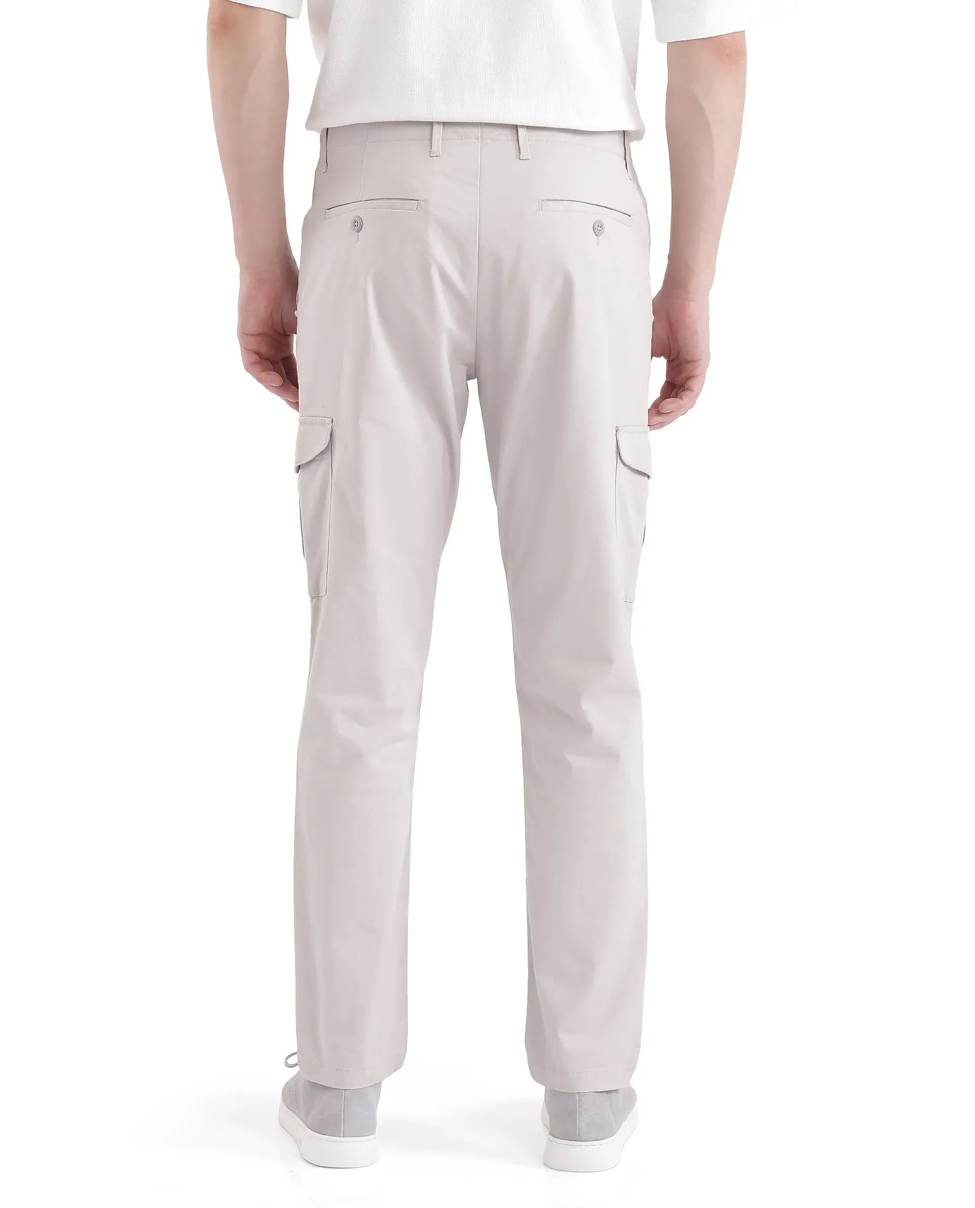 Rare Rabbit Men Zipe Light Grey Dobby Stretch Regular Fit Cargo Style Plain Trouser
