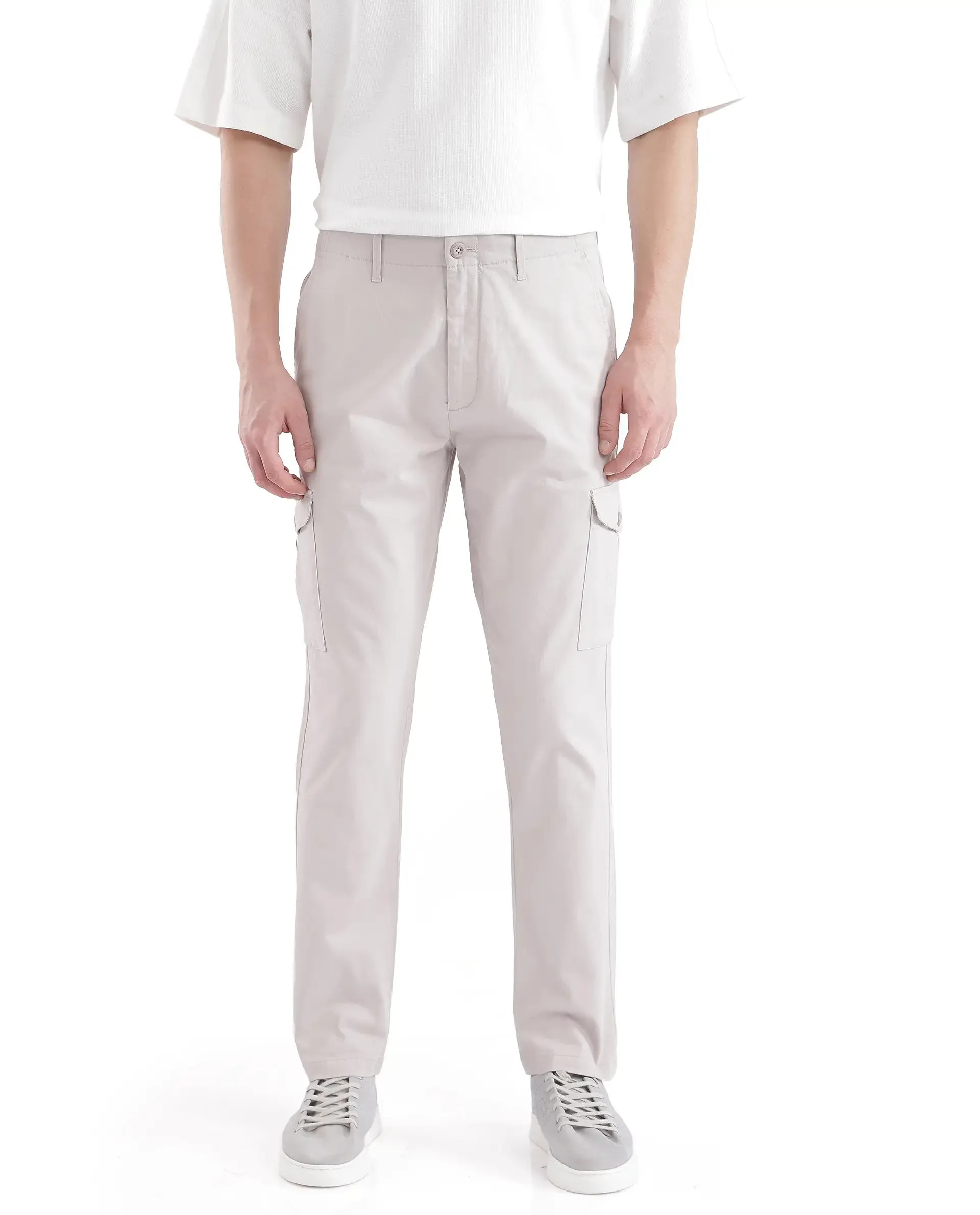 Rare Rabbit Men Zipe Light Grey Dobby Stretch Regular Fit Cargo Style Plain Trouser