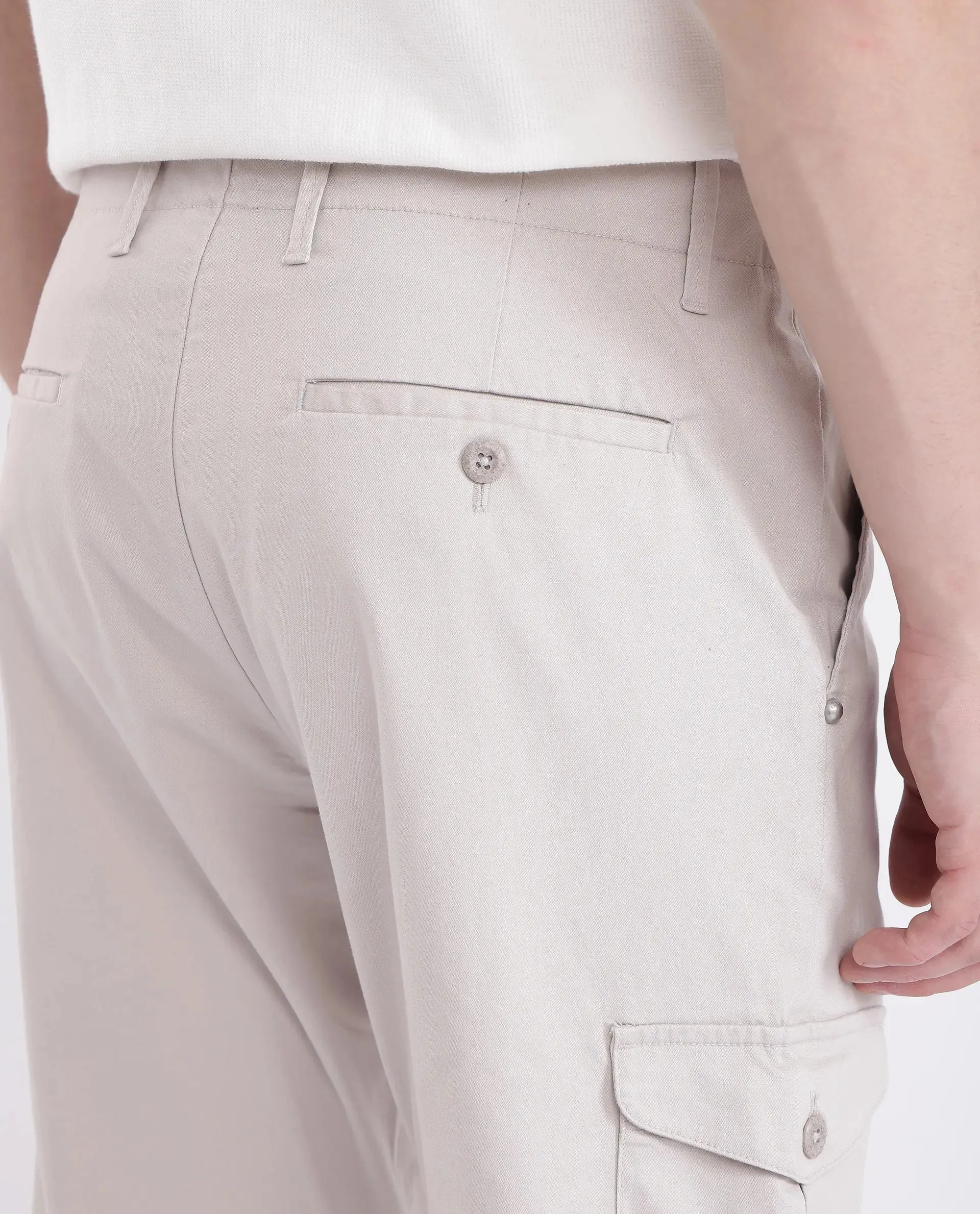 Rare Rabbit Men Zipe Light Grey Dobby Stretch Regular Fit Cargo Style Plain Trouser