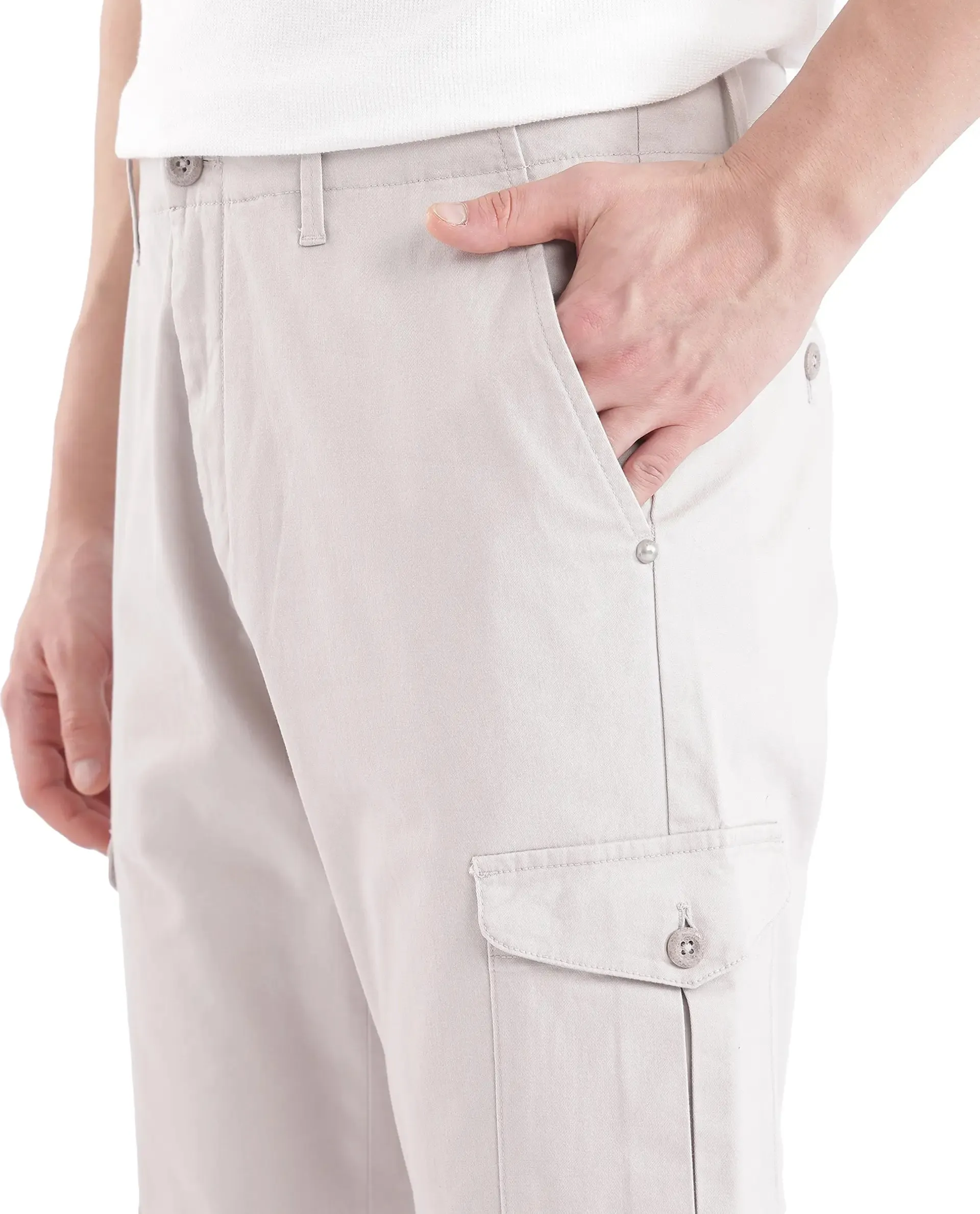 Rare Rabbit Men Zipe Light Grey Dobby Stretch Regular Fit Cargo Style Plain Trouser