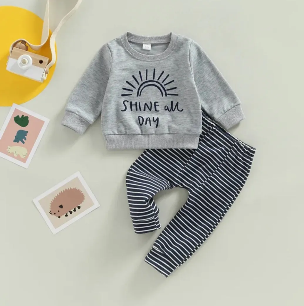 Shine All Day Gray Crewnek Top and Striped Pants #2000339
