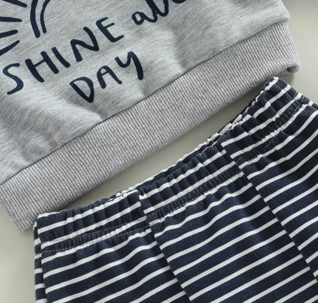 Shine All Day Gray Crewnek Top and Striped Pants #2000339
