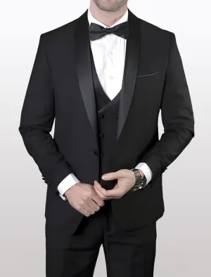 Statement Men's Black Shawl Lapel 100% Wool Vested Tuxedo