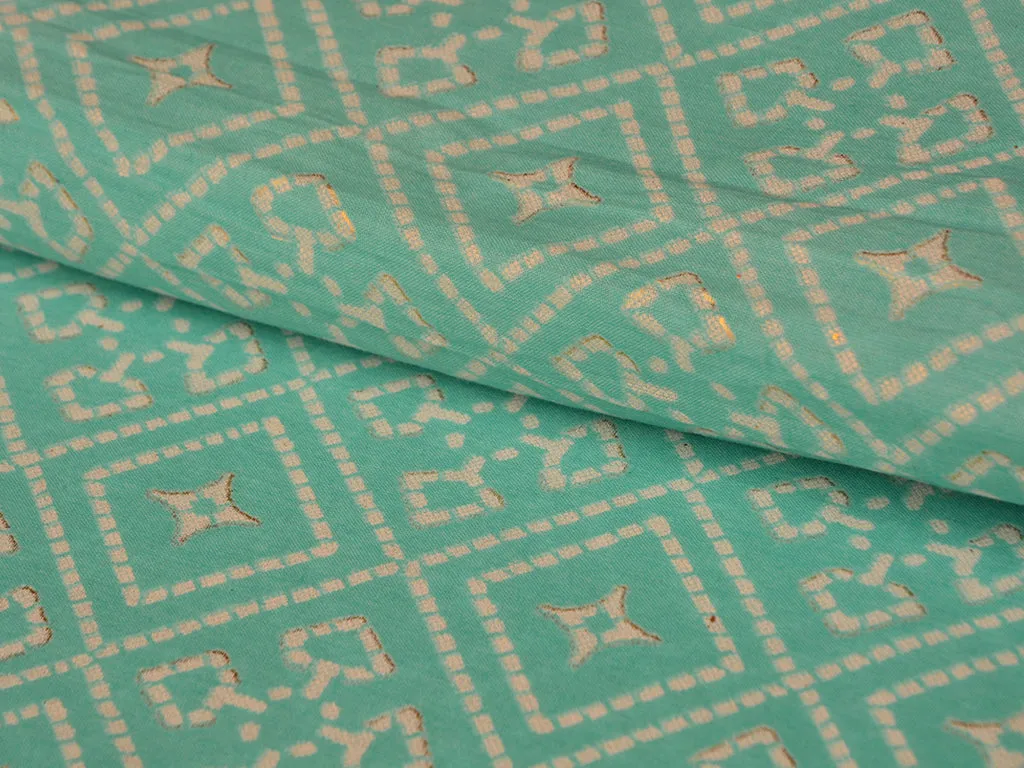 Turquoise Green Geometric Pure Mul Mul Cotton Fabric