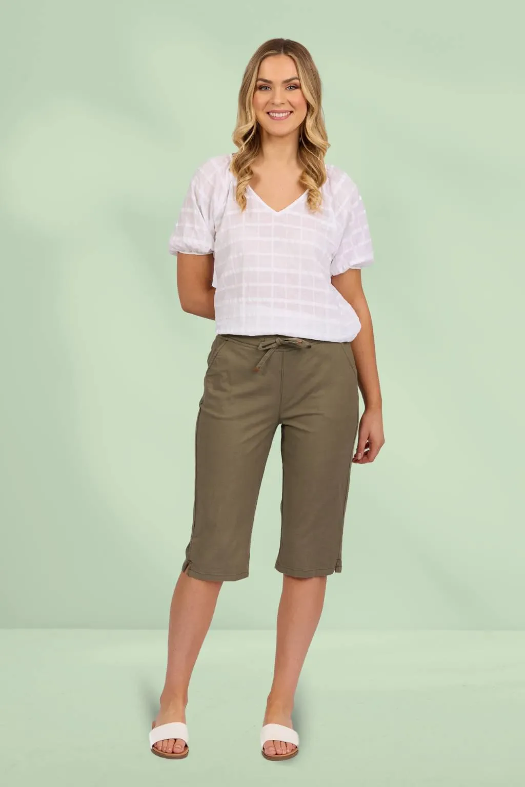 Vassalli Below Knee Slim Leg Elastic Waist Pants Army