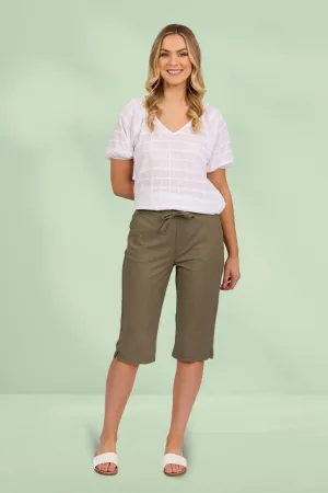 Vassalli Below Knee Slim Leg Elastic Waist Pants Army