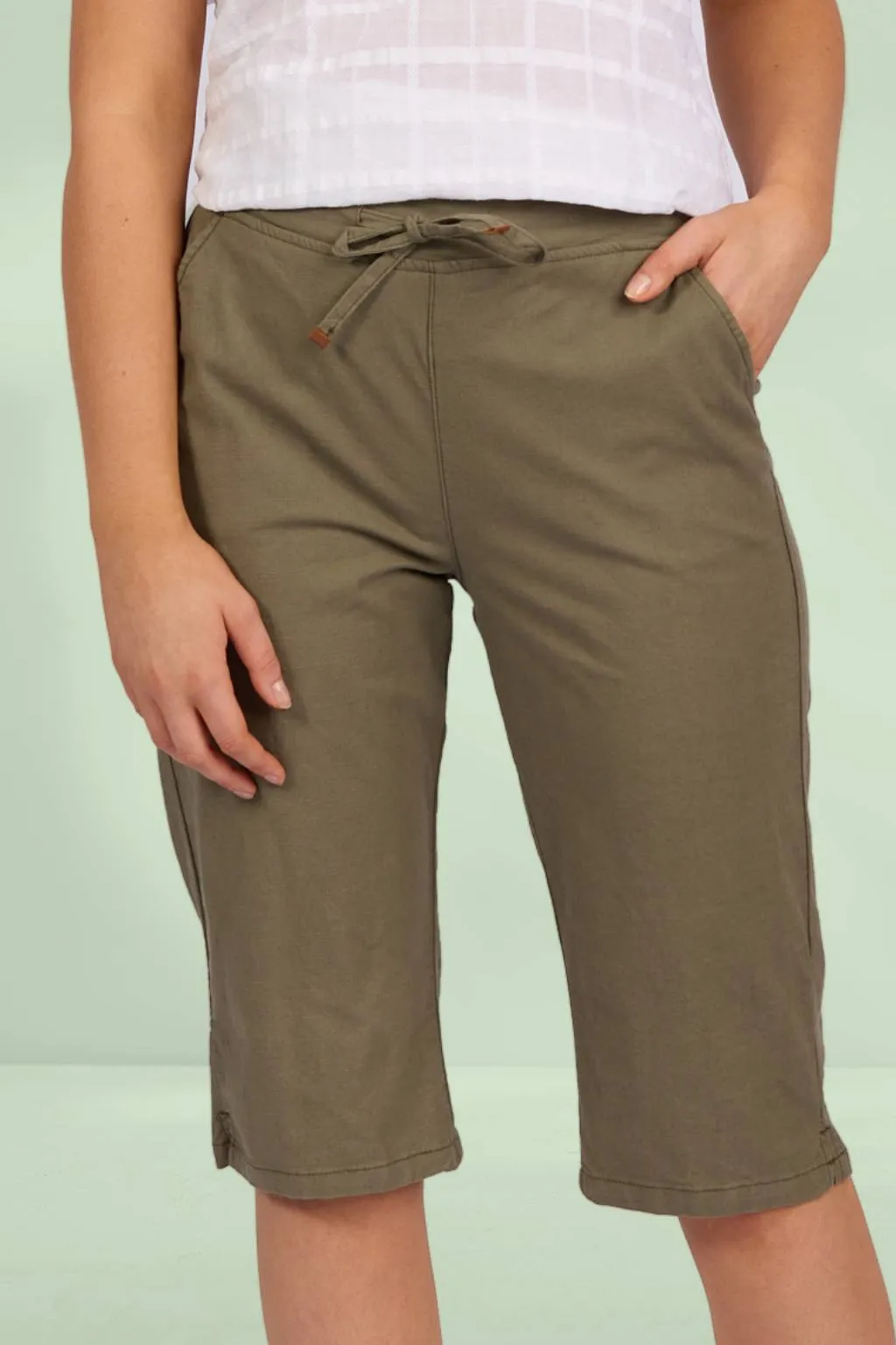 Vassalli Below Knee Slim Leg Elastic Waist Pants Army